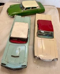 1960'S BANDAI TIN FRICTION CITROEN DS19, 2 FORD THUNDERBIRDS 8 1/2 Inches - WE CAN SHIP!