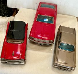 BANDAI JAPAN FRICTION CADILLAC, FRICTION RED FORD STATION WAGON JAPAN, TAIYO BATTERY RED MUSTANG -WE CAN SHIP!