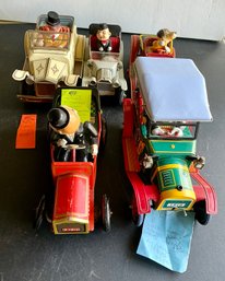 5 OLD TIME TIN  CARS WITH CHARACTER DRIVERS- AS FOUND- WE CAN SHIP!