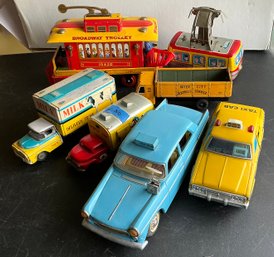 7 TIN VEHICLES- TROLLEY, TRUCK, TAXI, MILK- LOT OF AS FOUND TOYS- WE CAN SHIP!