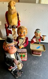 4 ANIMATED CHARACTER TIN TOYS- PARROT, BARTENDER- AS FOUND-WE CAN SHIP!