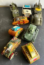 4 TIN MINIATURE Wind UP TANKS, TIN ARMY TANK, 3TRUCKS- AS FOUND- WE CAN SHIP!