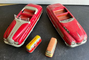 2 TIN CARS & 2 MINIATURE W. GERMANY BUSES- AS FOUND- WE CAN SHIP!