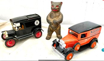 CAST IRON STANDING BEAR, ALIIED VAN LINES HOFFMAN MOVERS W/key, AMERICA FORD TELEGRAPH BANKS- WE CAN SHIP!