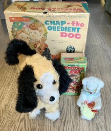 CHAP THE OBEDIENT DOG BATTERY & WINDUP KNITTING CAT W/BOXES- NOT WORKING- WE CAN SHIP!