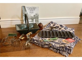 ANTIQUE KITCHENWARE, NEWER BLUE COVERLET & CORN TRAY, ETC