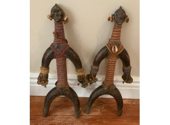 PAIR BEADED LONG NECK TRIBAL WOOD FIGURES