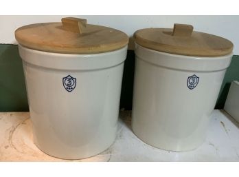 2 STONEWARE CROCKS WITH WOOD LIDS