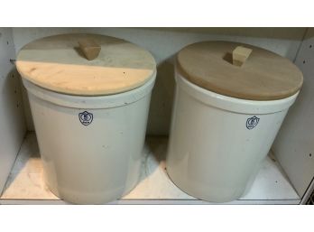 2 STONEWARE CROCKS W/WOOD LIDS