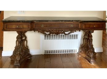 ANTIQUE CARVED SWANS 7’ WALNUT MARBLE TOP SERVER