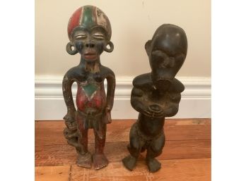 POLYCHROME METAL TRIBAL FIGURE HOLDING CHILD & WOOD TRIBAL FIGURE