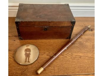 ANTIQUE YOUNG BOY IN UNIFORM, WOOD BOX, INLAID BATON