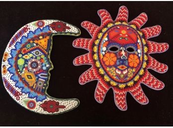 2 FRANCISCO BAUTISTA BEADED SUN & MOON WALL HANGINGS