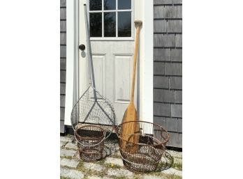 WOOD OAR, 2 CLAM BASKETS, FISHING NET