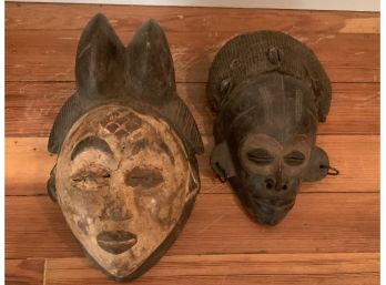 2 AFRICAN MASKS- POLYCHROME & NETTED HAIR W/SHELLS