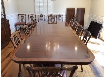 MAHOGANY ARDLEY HALL BANQUET SIZED. BANDED TABLE- 3 LEAVES-16 CHIPPENDALE CHAIRS BALL N CLAW FEET