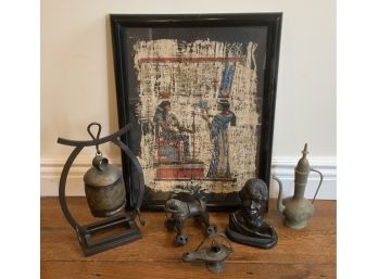 EGYPTIAN PAINTING,GONG, METAL TOY, ETC