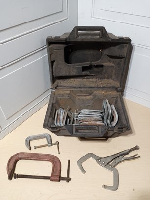 18  C-clamps And 2 More Unusual Clamps In A Hard Plastic Carrying Case.