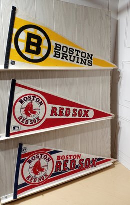 3 Vintage Felt, Full Size Sport Team Pennants: Boston Bruins And Red Sox