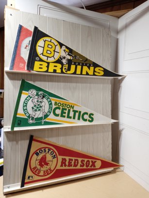 4 Vintage Felt, Full Size Sport Team Pennants: Boston Bruins, Red Sox, Celtics And Patriots