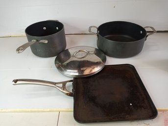 3 Calphalon Brand Items: A Griddle, Skillet And Stock Pot. Includes 1 Lid