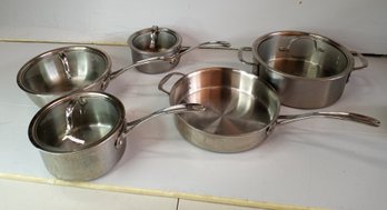 A Collection Of 5 Calphalon High End Stainless Cookware, Includes 4 Lids
