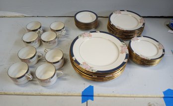 Eight 5-piece GOrham Fine China Settings, Includes A Hand Banded 24KT Gold Edge.  Mae Bloom Pattern 1960s