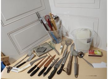 2 Baskets Stuffed With Cooking Utensils. Some Never Opened Or Used