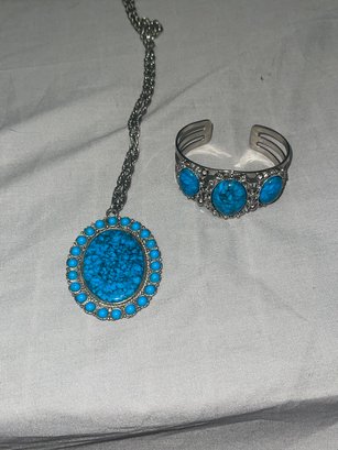 Faux Silver And Turquoise Cuff And Necklace