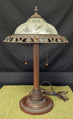 Ornate Table Lamp With Floral Glass Shade