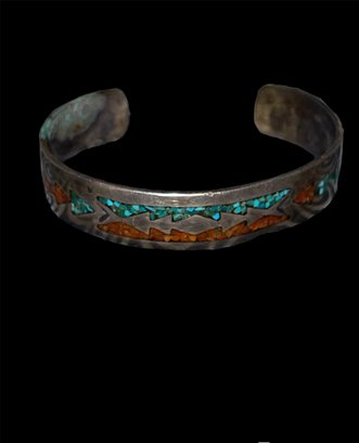 Sterling Cuff With Coral And Turquoise Inlay