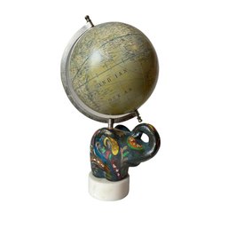 Vintage World Globe On Painted Stone Elphant On Marble Base