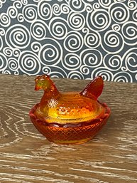 Vintage Amberina Glass Mini Chicken Hen On Nest Basket