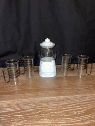 4 Uniqe Glasses With Metal Handles And Glass Gumball Machine Jar