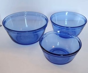 Vtg. Anchor Ovenware Set Of 3 Cobalt Blue Mixing Bowls 2.5qt  1.5qt  1qt Nesting