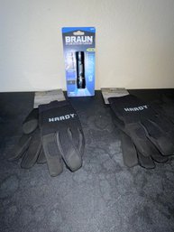 Braun LED Flashlight And Mechanics Gloves