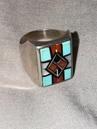 Rare Beautiful Sterling Ring Natachi Zuni Ring  Coral, Turq,mop, Black Onyx