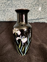 Kyoritsu Decorated Japanese Iris & Dragonfly On Black Porcelain Vase