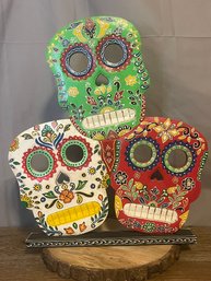 Solid Wood Day Of The Dead Sugar Skulls Tabletop Figure Handcrafted In India