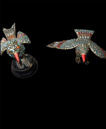 Very Unique Antique Tibetan Brass Birds With Turquoise And Coral Inlay