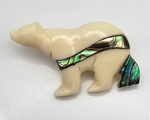 NIB Alaska Bone Carved Abalone Polar Bear Brooch