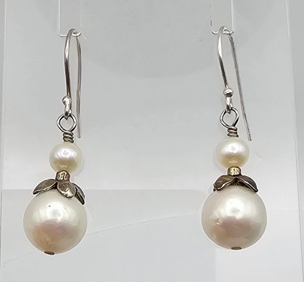 Pearl Sterling Silver Drop Dangle Earrings 3.6 G