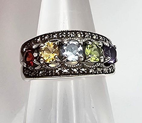F Multi Gemstone Sterling Silver Cocktail Ring Size 5 5.4 G Approximately 1.25 TCW