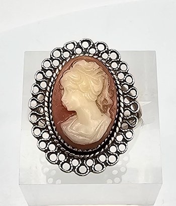 Shell Carved Cameo Sterling Silver Ring Adjustable 3.8g