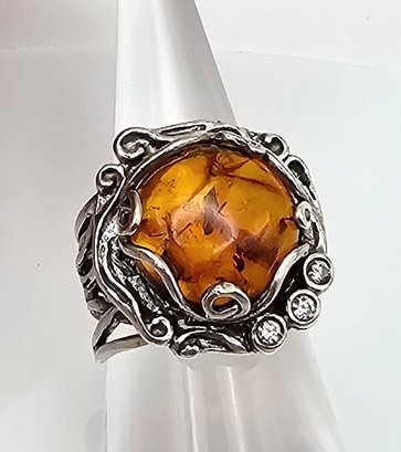 Israel Amber Sterling Silver Ring Size 6.5 8.4 G
