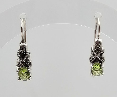 Peridot Marcasite Sterling Silver Drop Dangle Earrings 2.6 G