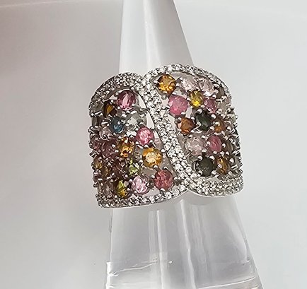Signed Multi Gemstone Sterling Silver Cocktail Ring Size 8 8.7 G