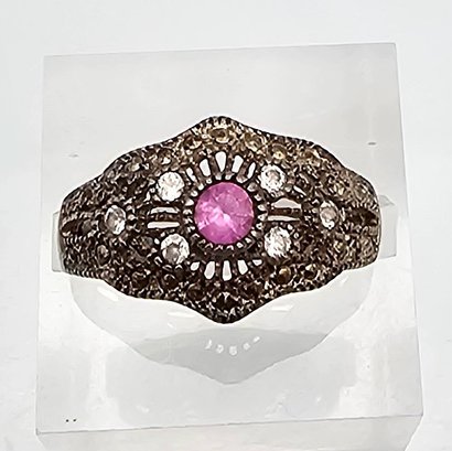 'AN' Deco Ruby Sterling Silver Cocktail Ring Size 6 3.3 G