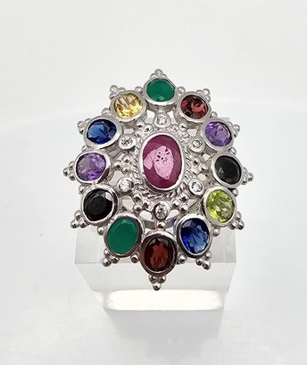 Multi Gemstone Sterling Silver Cocktail Ring Size 6 8 G