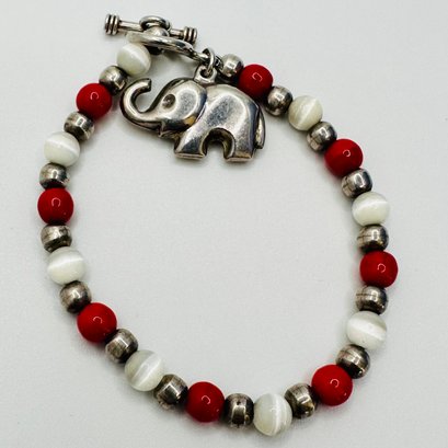 Sterling Silver Bead Bracelet With Red White And Silver Beads And Elephant Charm, 15.55 G.